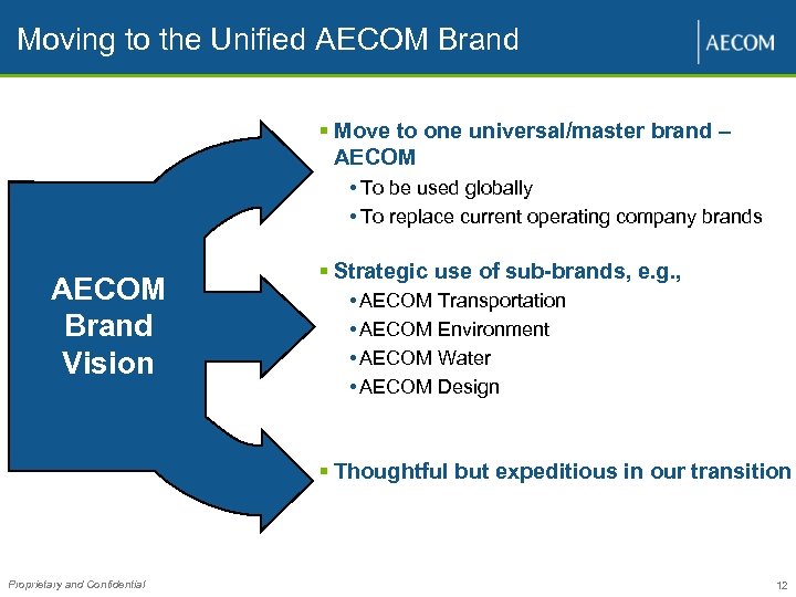 Moving to the Unified AECOM Brand § Move to one universal/master brand – AECOM