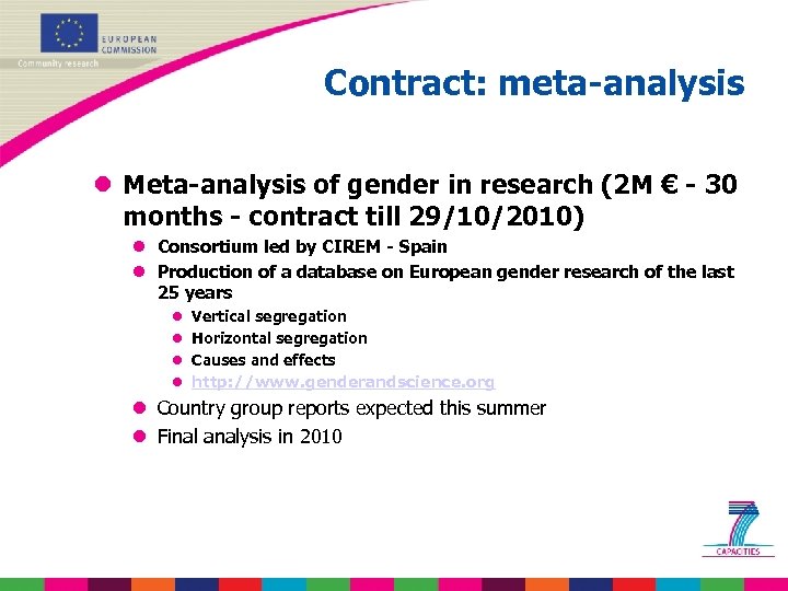 Contract: meta-analysis l Meta-analysis of gender in research (2 M € - 30 months