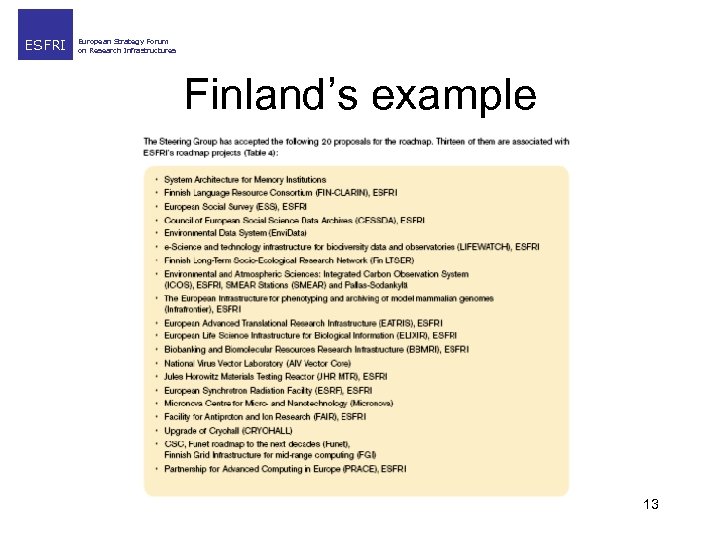 ESFRI European Strategy Forum on Research Infrastructures Finland’s example 13 