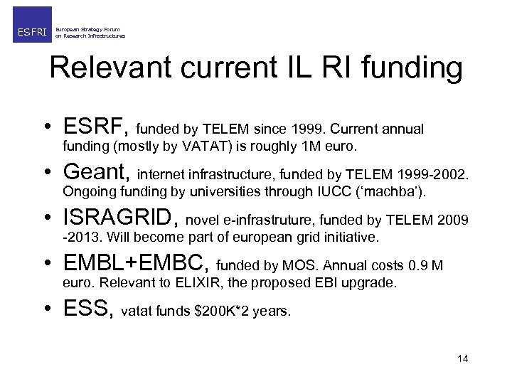 ESFRI European Strategy Forum on Research Infrastructures Relevant current IL RI funding • ESRF,