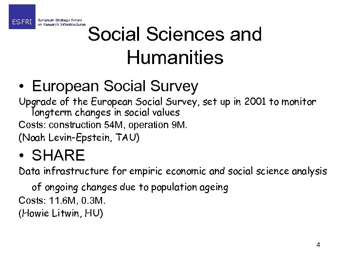 ESFRI European Strategy Forum on Research Infrastructures Social Sciences and Humanities • European Social