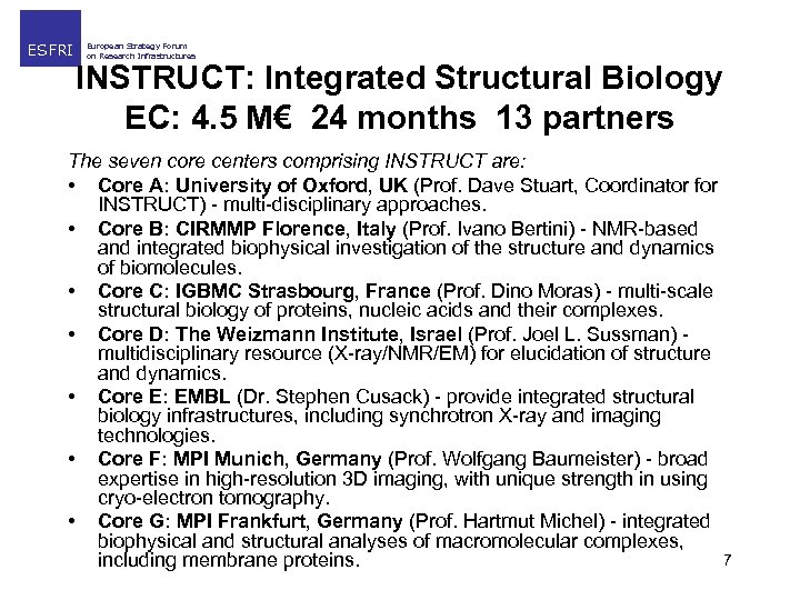 ESFRI European Strategy Forum on Research Infrastructures INSTRUCT: Integrated Structural Biology EC: 4. 5