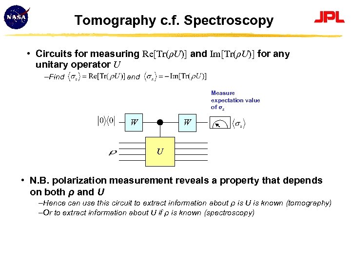 Tomography c. f. Spectroscopy • Circuits for measuring Re[Tr(ρU)] and Im[Tr(ρU)] for any unitary