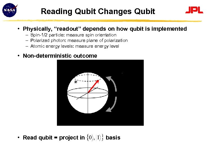 Reading Qubit Changes Qubit • Physically, “readout” depends on how qubit is implemented Spin-1/2