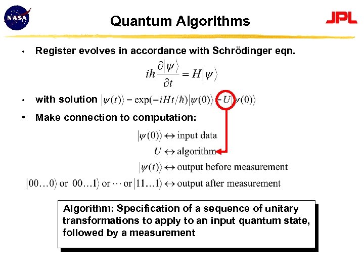 Quantum Algorithms • Register evolves in accordance with Schrödinger eqn. • with solution •