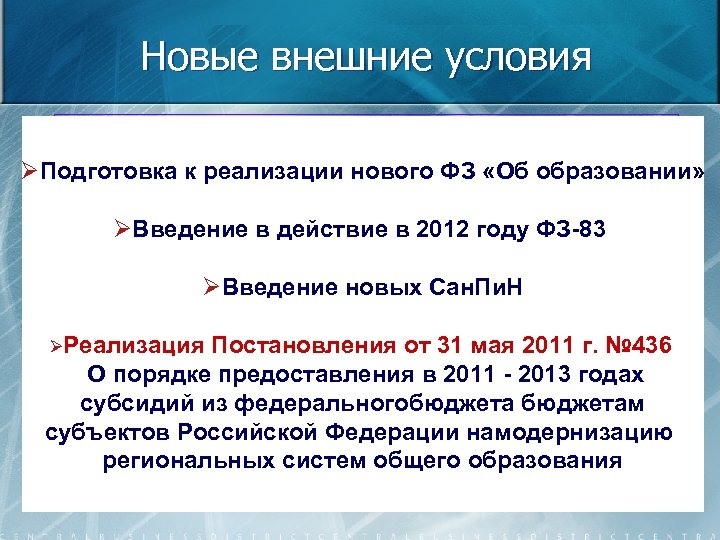Новые внешние условия ввввв ØПодготовка к реализации нового ФЗ «Об образовании» ØВведение в действие