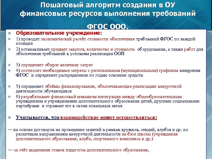 Пошаговый алгоритм создания в ОУ финансовых ресурсов выполнения требований ФГОС ООО. n Образовательное учреждение: