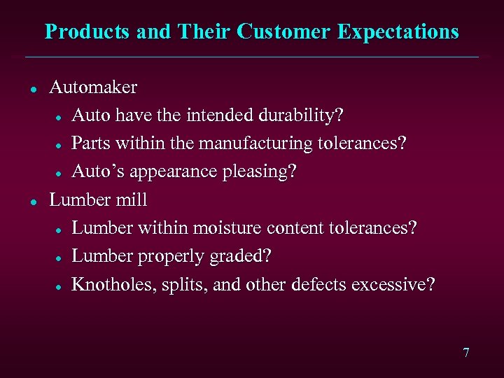 Products and Their Customer Expectations l l Automaker l Auto have the intended durability?