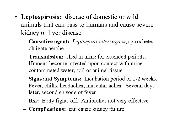  • Leptospirosis: disease of domestic or wild animals that can pass to humans