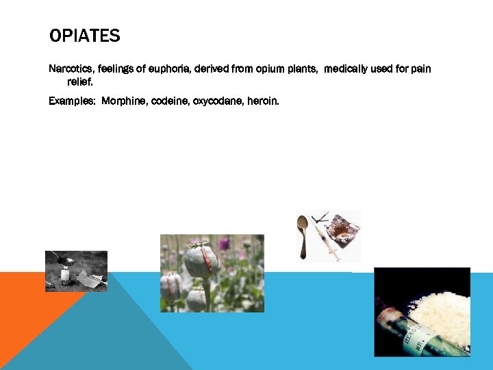 OPIATES Narcotics, feelings of euphoria, derived from opium plants, medically used for pain relief.