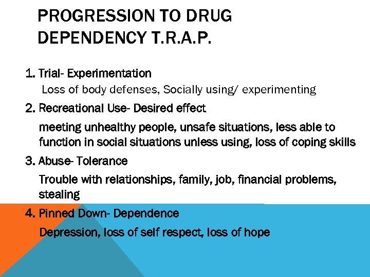 PROGRESSION TO DRUG DEPENDENCY T. R. A. P. 1. Trial- Experimentation Loss of body