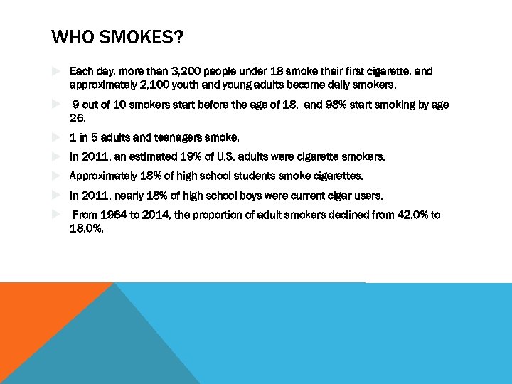 WHO SMOKES? Each day, more than 3, 200 people under 18 smoke their first