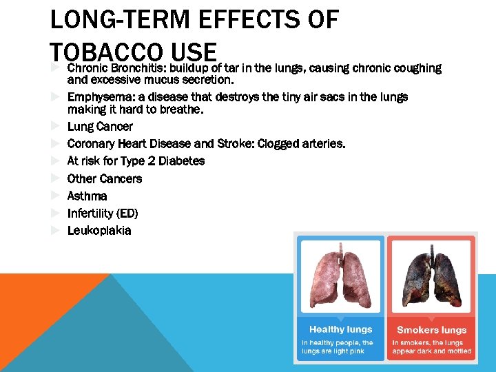 LONG-TERM EFFECTS OF TOBACCO buildup of tar in the lungs, causing chronic coughing USE