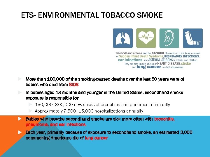 ETS- ENVIRONMENTAL TOBACCO SMOKE More than 100, 000 of the smoking-caused deaths over the