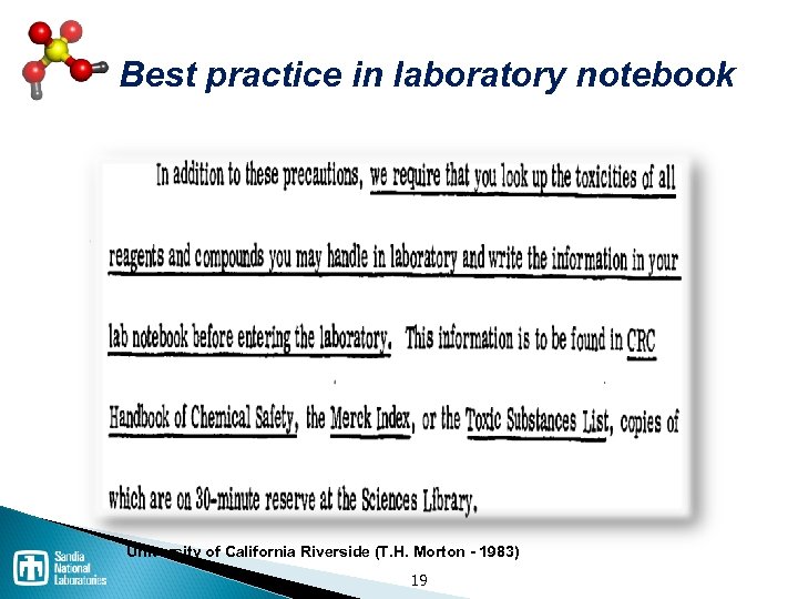 Best practice in laboratory notebook University of California Riverside (T. H. Morton - 1983)