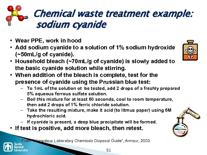 Chemical waste treatment example: sodium cyanide • Wear PPE, work in hood • Add