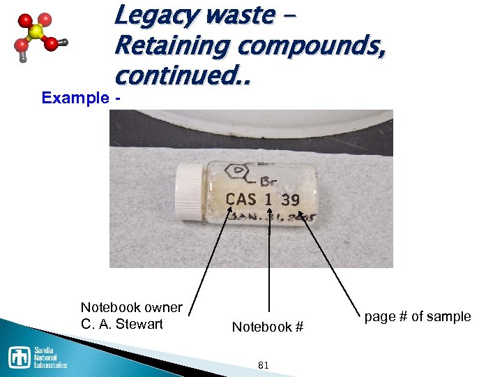Legacy waste – Retaining compounds, continued. . Example - Notebook owner C. A. Stewart.