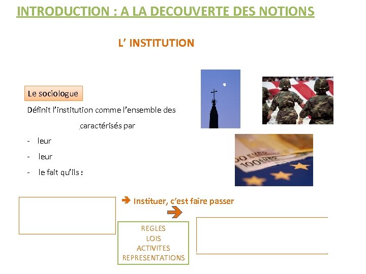 INTRODUCTION : A LA DECOUVERTE DES NOTIONS L’ INSTITUTION Le sociologue Définit l’institution comme