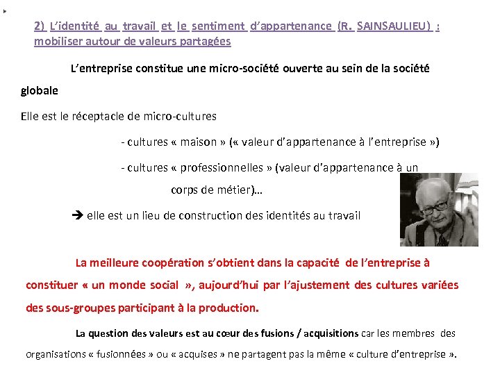 2) L’identité au travail et le sentiment d’appartenance (R. SAINSAULIEU) : mobiliser autour de