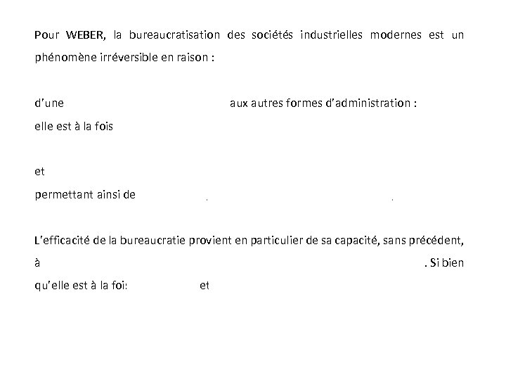 Pour WEBER, la bureaucratisation des sociétés industrielles modernes est un phénomène irréversible en raison