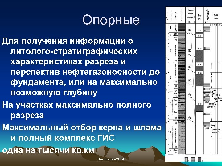 Опорные Для получения информации о литолого-стратиграфических характеристиках разреза и перспектив нефтегазоносности до фундамента, или
