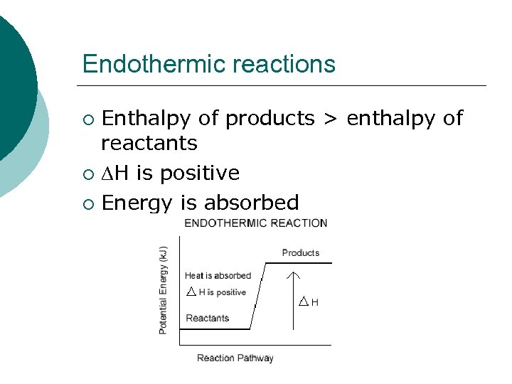 Endothermic reactions Enthalpy of products > enthalpy of reactants ¡ H is positive ¡