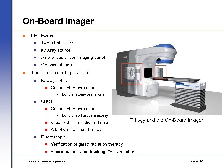 On-Board Imager n Hardware n n k. V Xray source n Amorphous silicon imaging