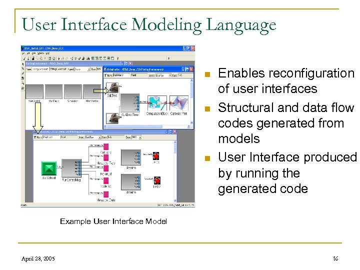 User Interface Modeling Language n n n Enables reconfiguration of user interfaces Structural and