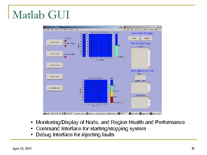 Matlab GUI • Monitoring/Display of Node, and Region Health and Performance • Command Interface