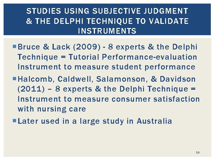 STUDIES USING SUBJECTIVE JUDGMENT & THE DELPHI TECHNIQUE TO VALIDATE INSTRUMENTS Bruce & Lack