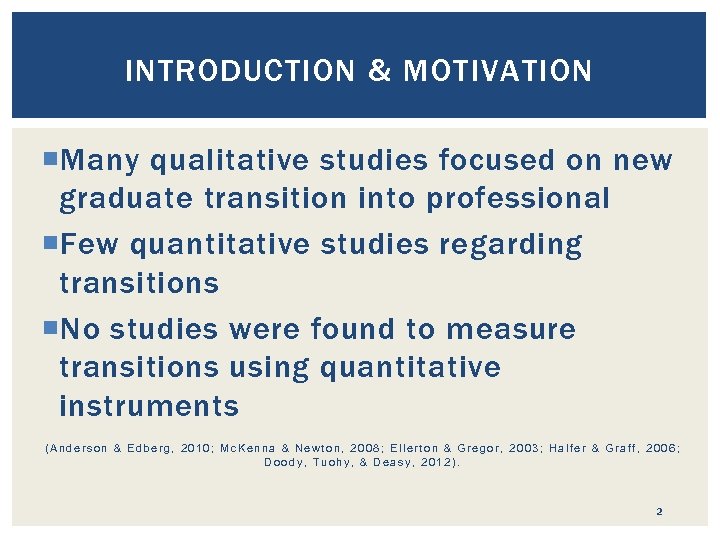 INTRODUCTION & MOTIVATION Many qualitative studies focused on new graduate transition into professional Few