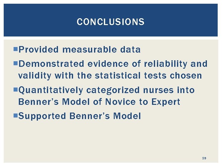 CONCLUSIONS Provided measurable data Demonstrated evidence of reliability and validity with the statistical tests