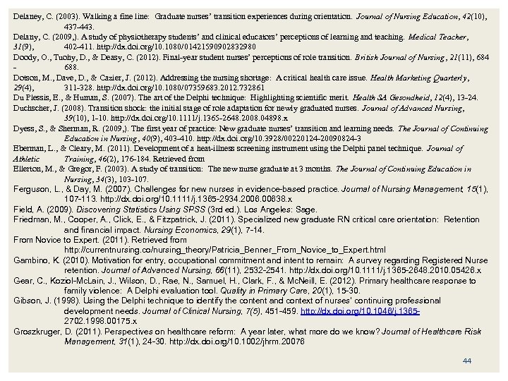 Delaney, C. (2003). Walking a fine line: Graduate nurses’ transition experiences during orientation. Journal