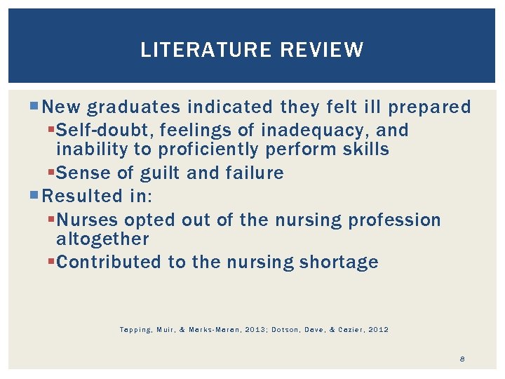 LITERATURE REVIEW New graduates indicated they felt ill prepared § Self-doubt, feelings of inadequacy,