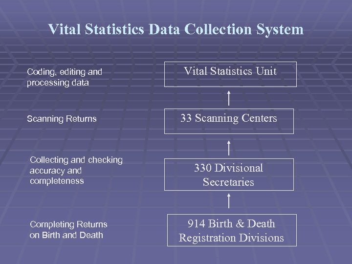 Vital Statistics Data Collection System Coding, editing and processing data Scanning Returns Collecting and