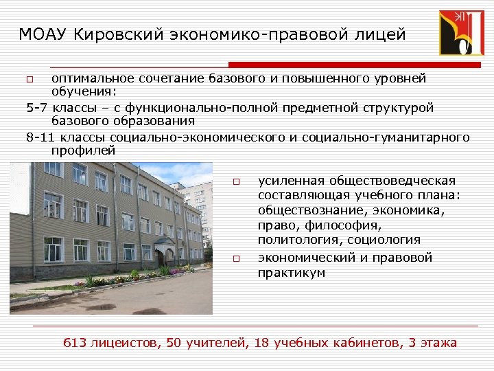 МОАУ Кировский экономико-правовой лицей оптимальное сочетание базового и повышенного уровней обучения: 5 -7 классы
