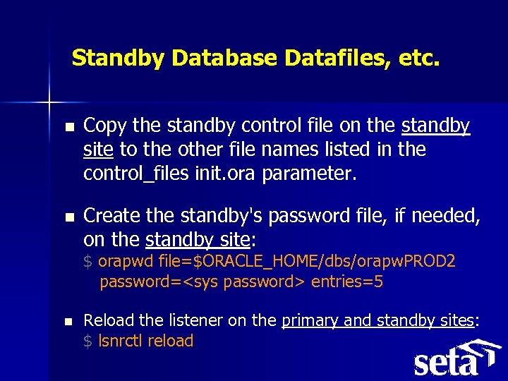 Standby Database Datafiles, etc. n Copy the standby control file on the standby site