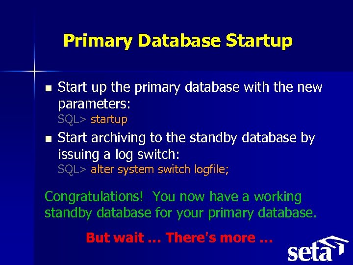 Primary Database Startup n Start up the primary database with the new parameters: SQL>