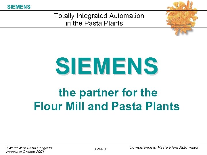 SIEMENS Totally Integrated Automation in the Pasta Plants SIEMENS the partner for the Flour