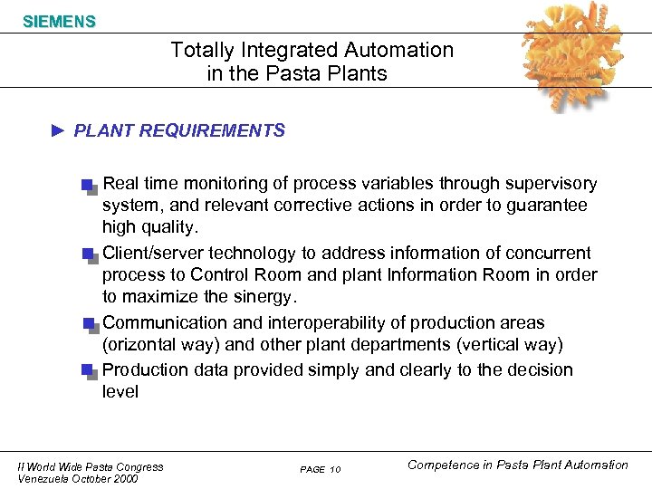 SIEMENS Totally Integrated Automation in the Pasta Plants ► PLANT REQUIREMENTS Real time monitoring