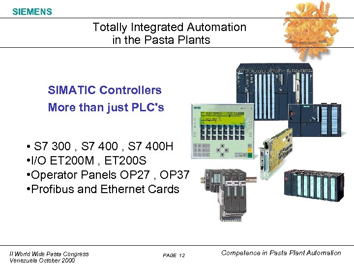 SIEMENS Totally Integrated Automation in the Pasta Plants SIMATIC Controllers More than just PLC's