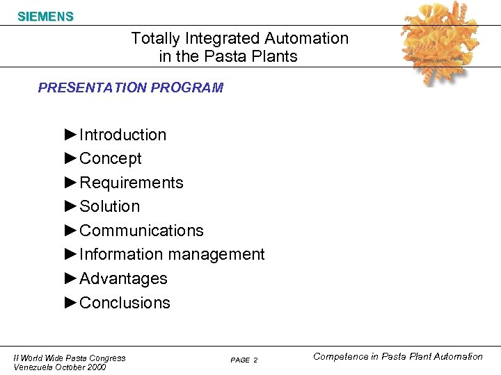 SIEMENS Totally Integrated Automation in the Pasta Plants PRESENTATION PROGRAM ►Introduction ►Concept ►Requirements ►Solution