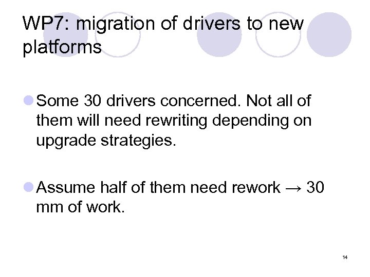 WP 7: migration of drivers to new platforms l Some 30 drivers concerned. Not