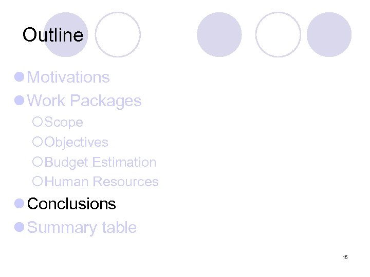 Outline l Motivations l Work Packages ¡Scope ¡Objectives ¡Budget Estimation ¡Human Resources l Conclusions