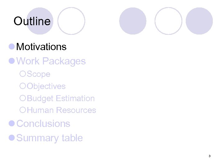 Outline l Motivations l Work Packages ¡Scope ¡Objectives ¡Budget Estimation ¡Human Resources l Conclusions