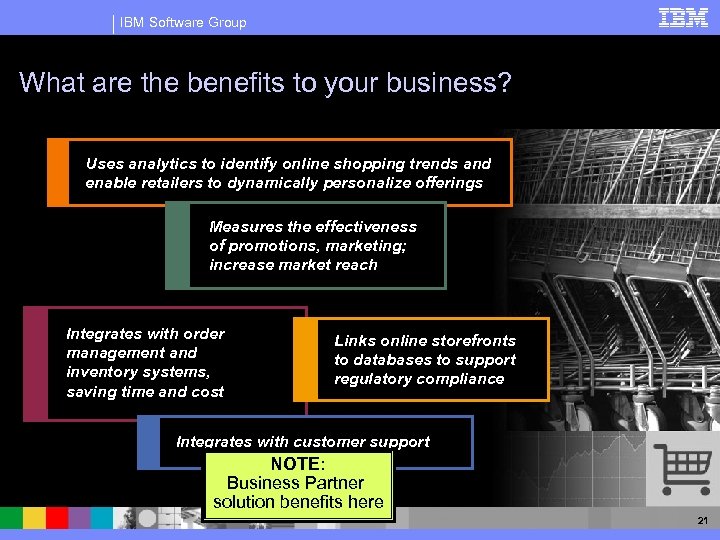 IBM Software Group What are the benefits to your business? Uses analytics to identify