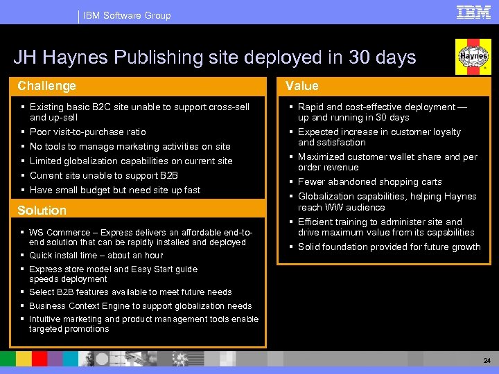 IBM Software Group JH Haynes Publishing site deployed in 30 days Challenge § Existing