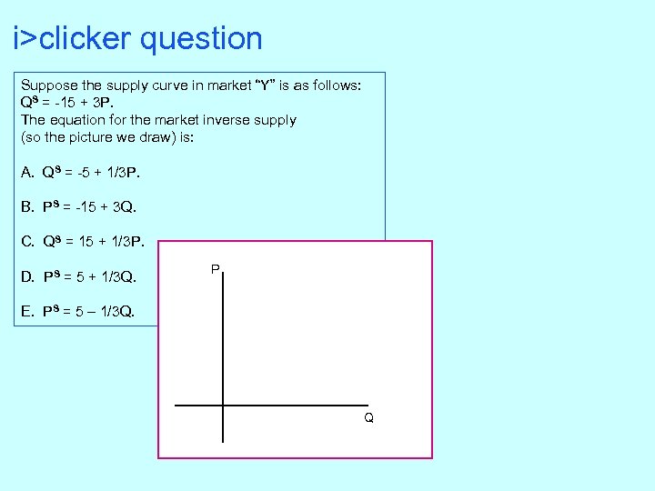 i>clicker question Suppose the supply curve in market “Y” is as follows: QS =
