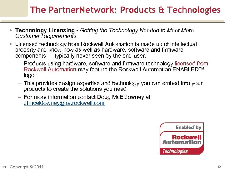 The Partner. Network: Products & Technologies • Technology Licensing - Getting the Technology Needed