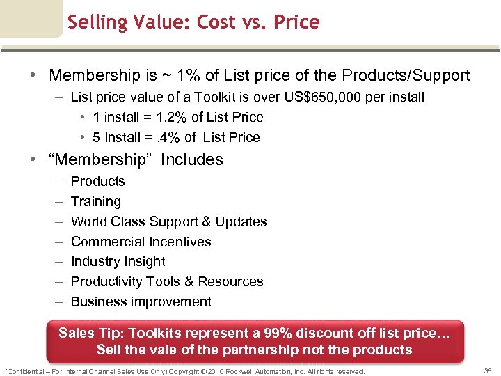 Selling Value: Cost vs. Price • Membership is ~ 1% of List price of